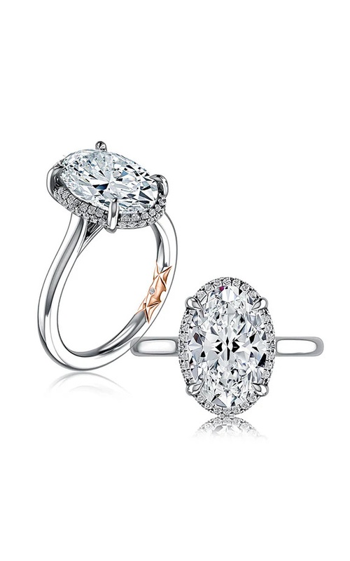 A.Jaffe 4 prong Oval Solitaire Engagement Ring | Pav? Diamond Halo, Polished Band and 14Kt Rose Gold Quilted with S