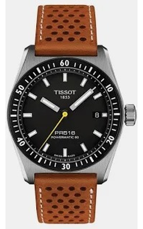 Tissot PR516 Powermatic 80 Black Dial Black Bezel Brown Leather Strap