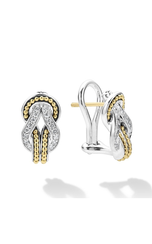 Lagos Newport Collection 18K Beaded and Pave Diamond Knot Motif Omega Clip Earrings