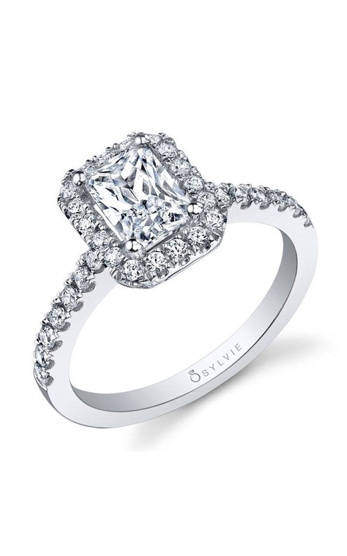 Sylvie Chantelle Collection Emerald Shape Pave Halo Diamond Engagement Ring