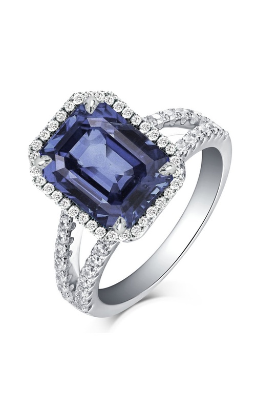 Emerald Cut Blue Sapphire Fancy Right Hand Ring with Pave Diamond Halo