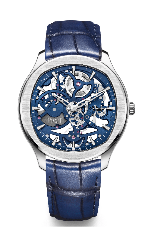Piaget  Stainless Steel 42 Blue And Gray Skeleton Dial Leather Strap