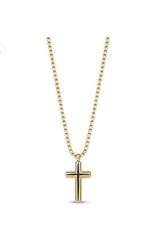 BLK STONE ROUNDED GOLD CROSS PENDANT W/ CHAIN
