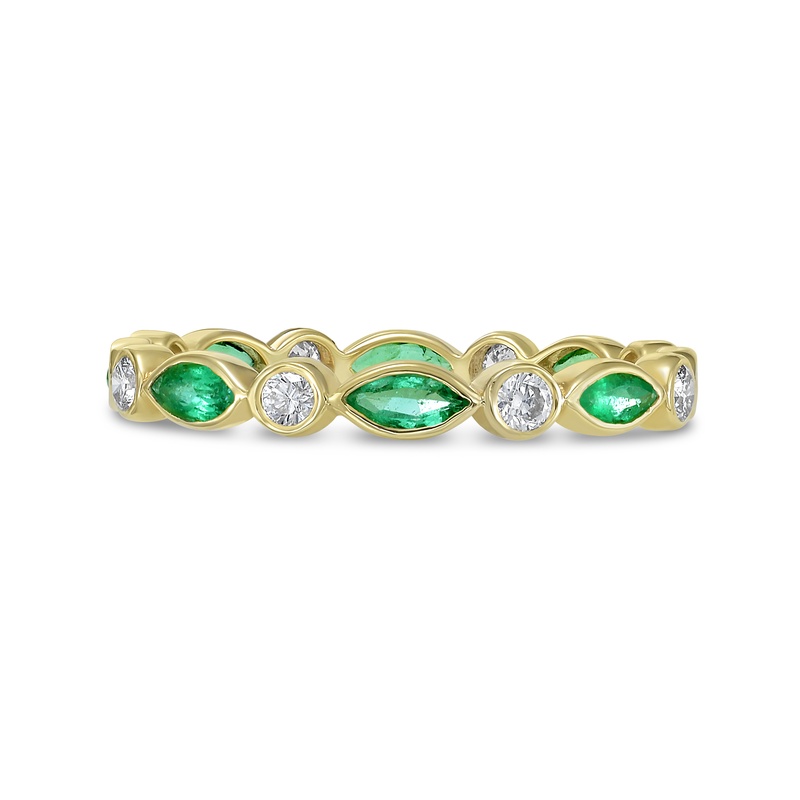 Marquis Green Emerald and Round Diamond Bezel Set Band