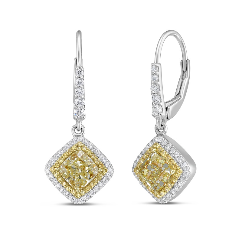Cushion Cut Yellow Diamond Double Halo Drop Earrings