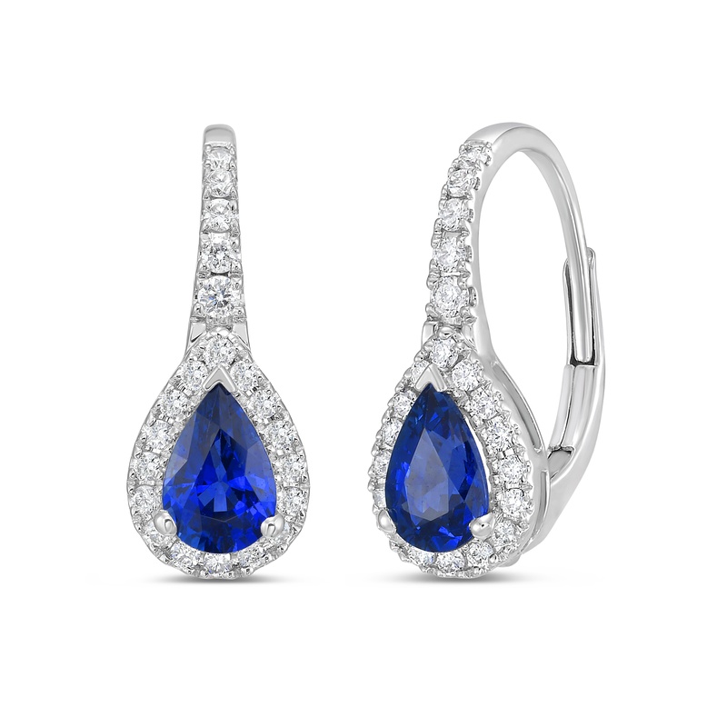 Pear Shape Sapphire and Diamond Halo Leaver back Earrings