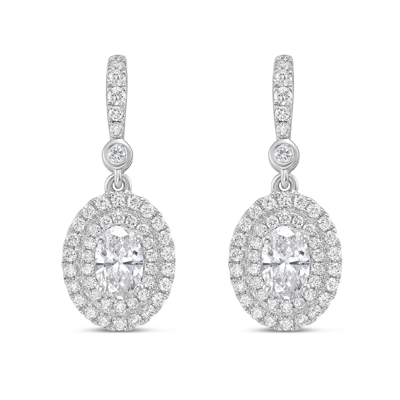 Oval Double Halo Diamond Drop Earrings