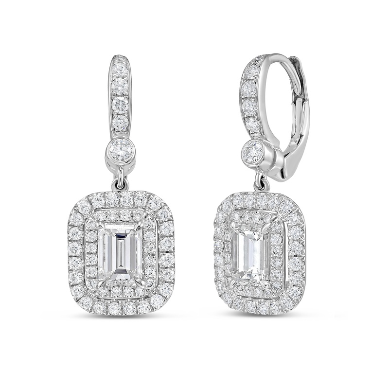 Emerald Cut Double Halo Diamond Drop Earrings