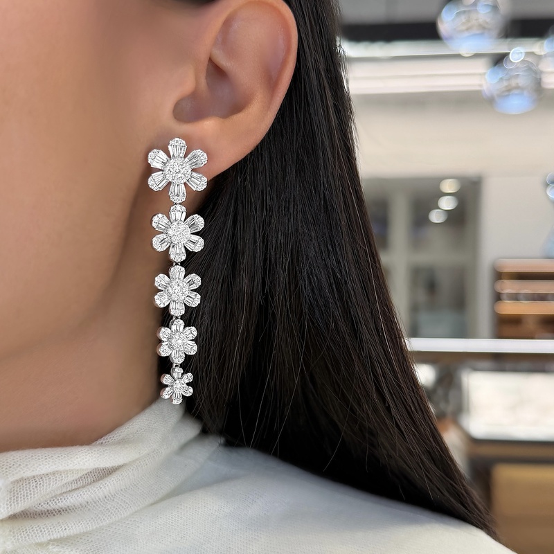 Graduated Diamond Flower Drop Earrings
