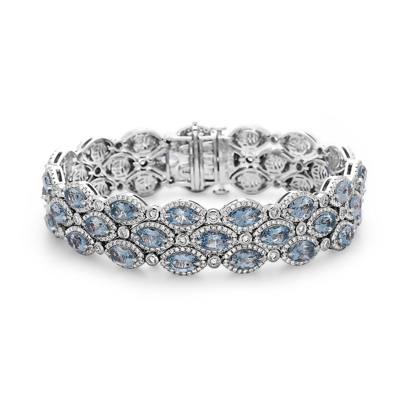 Triple Row Aquamarine Halo Link Bracelet