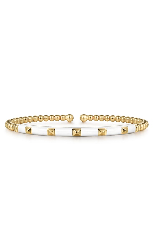 14K Yellow Gold Bujukan Beads and Pyramid Split Bangle with White Enamel