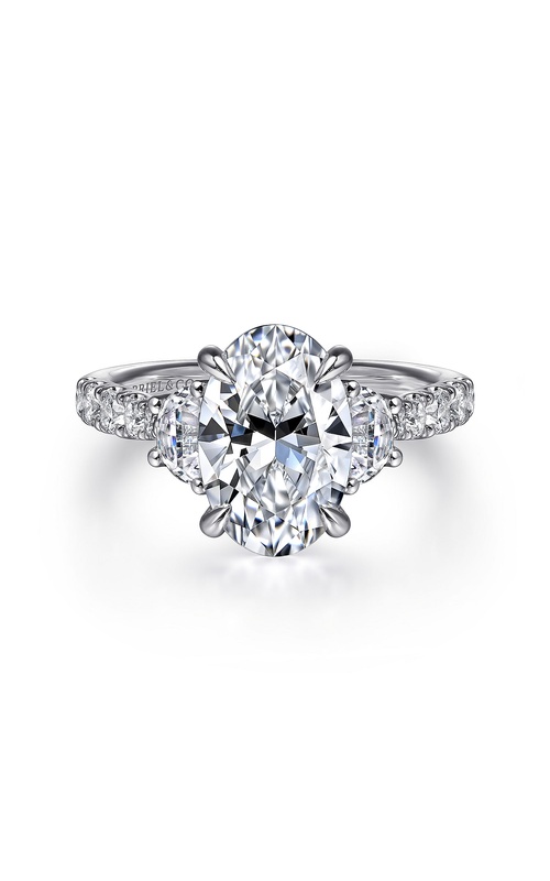 14K White Gold Oval Three Stone Lotus Diamond Engagement Ring
