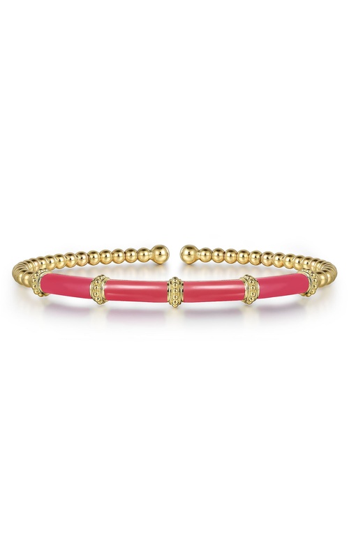 14K Yellow Gold Bujukan Beads Split Bangle With Pink Enamel