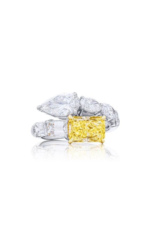 Dazzling Brilliance: Timeless Twogether Two-Stone Ring GIA Certified Fancy Yellow Radiant-Cut & White Pear-Shaped Diamonds with Oval-Cut Diamonds in Pure Platinum