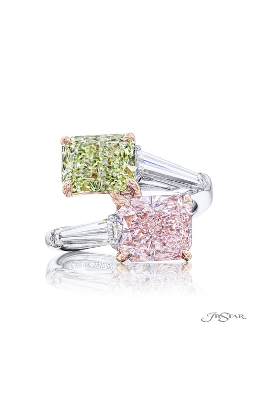 Dazzling Brilliance: Certified Twogether Diamond Ring ? 3.05ct Fancy Pink & Green Radiant-Cut Diamonds with Tapered Baguette Diamonds in Pure Platinum