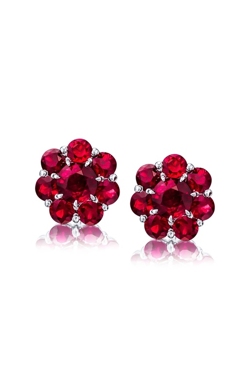 Platinum Round Ruby Floral Stud Earrings