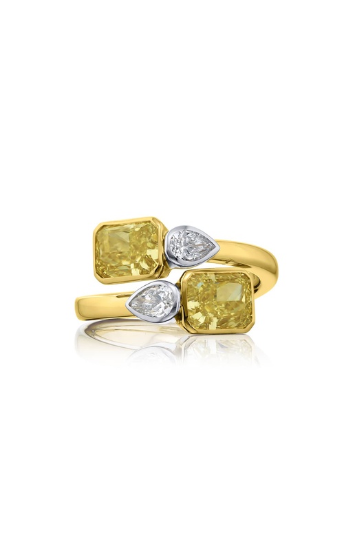 Dazzling Brilliance: GIA Certified Bezel Twogether Diamond Ring  Radiant-Cut Fancy Yellow Diamonds with Pear-Shaped Accents in 18K Yellow Gold
