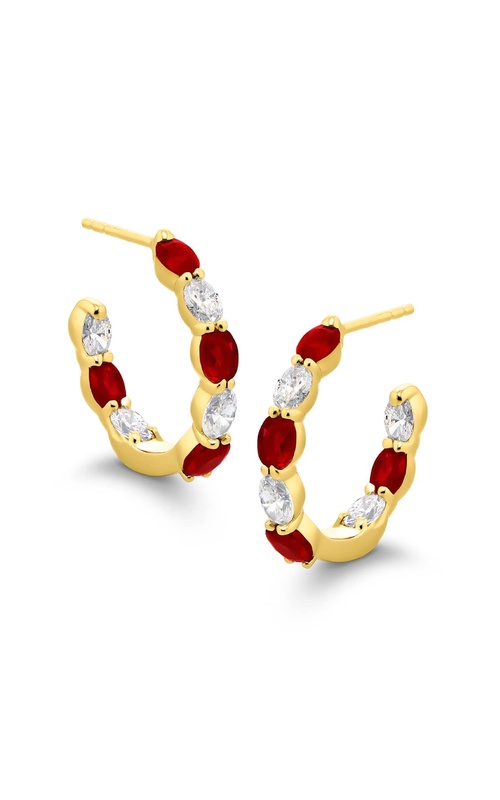 18K Yellow Gold Oval Ruby and Diamond Hoop Earrings
