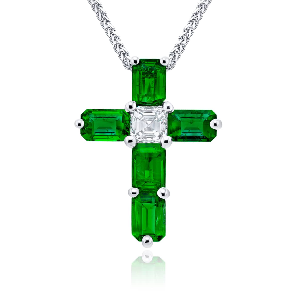 Platinum Emerald-Cut Emerald Cross Pendant