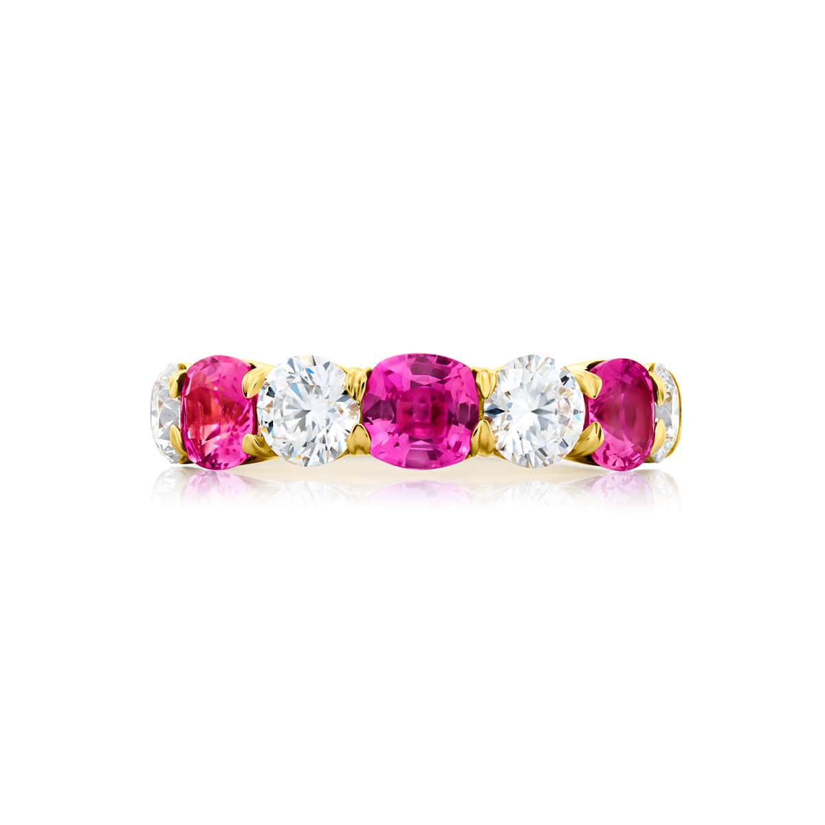 18K Yellow Gold Cushion-Cut Pink Sapphire and Round Diamond Single-Row Band
