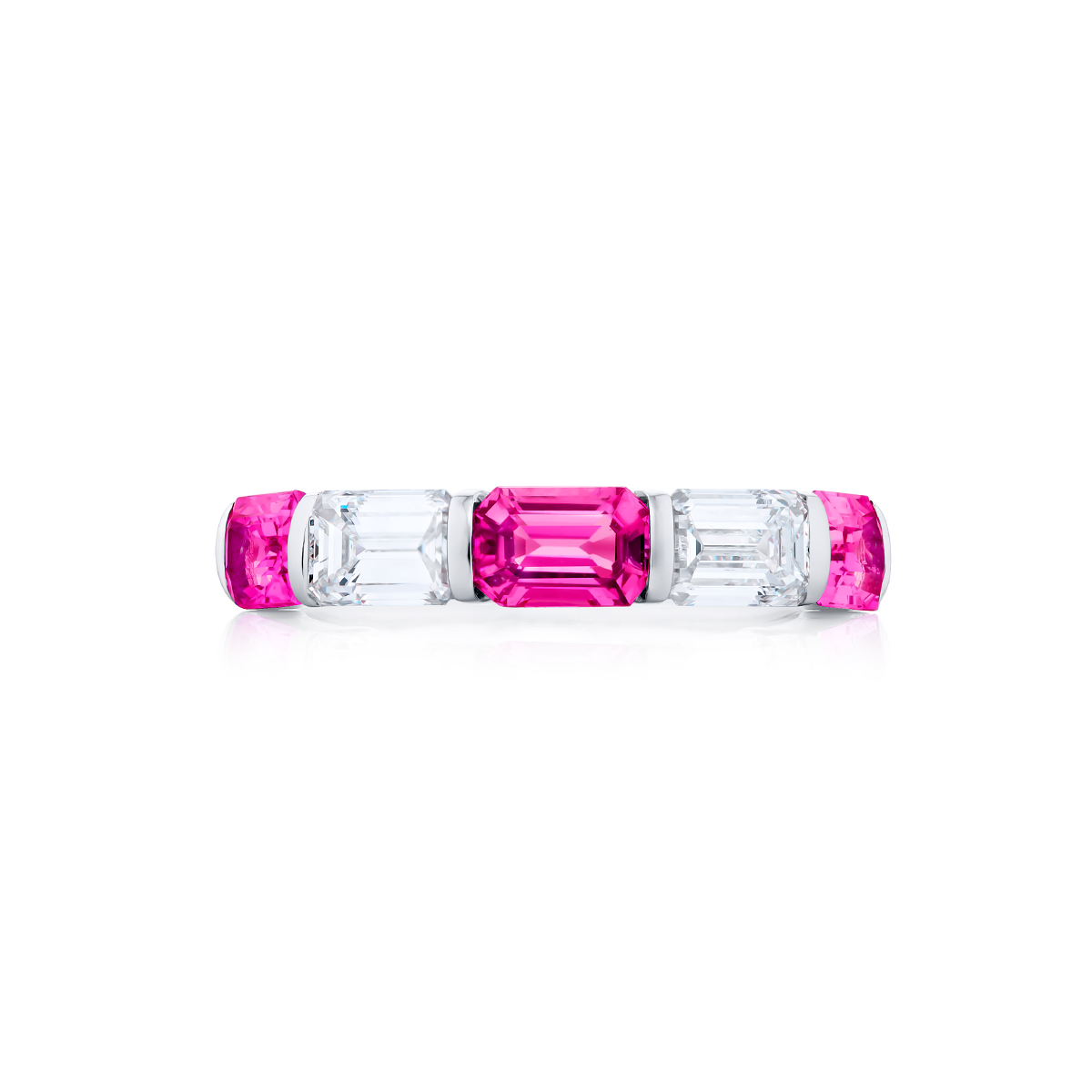 Platinum Emerald-Cut Pink Sapphire and Diamond Bar Set East-West Band