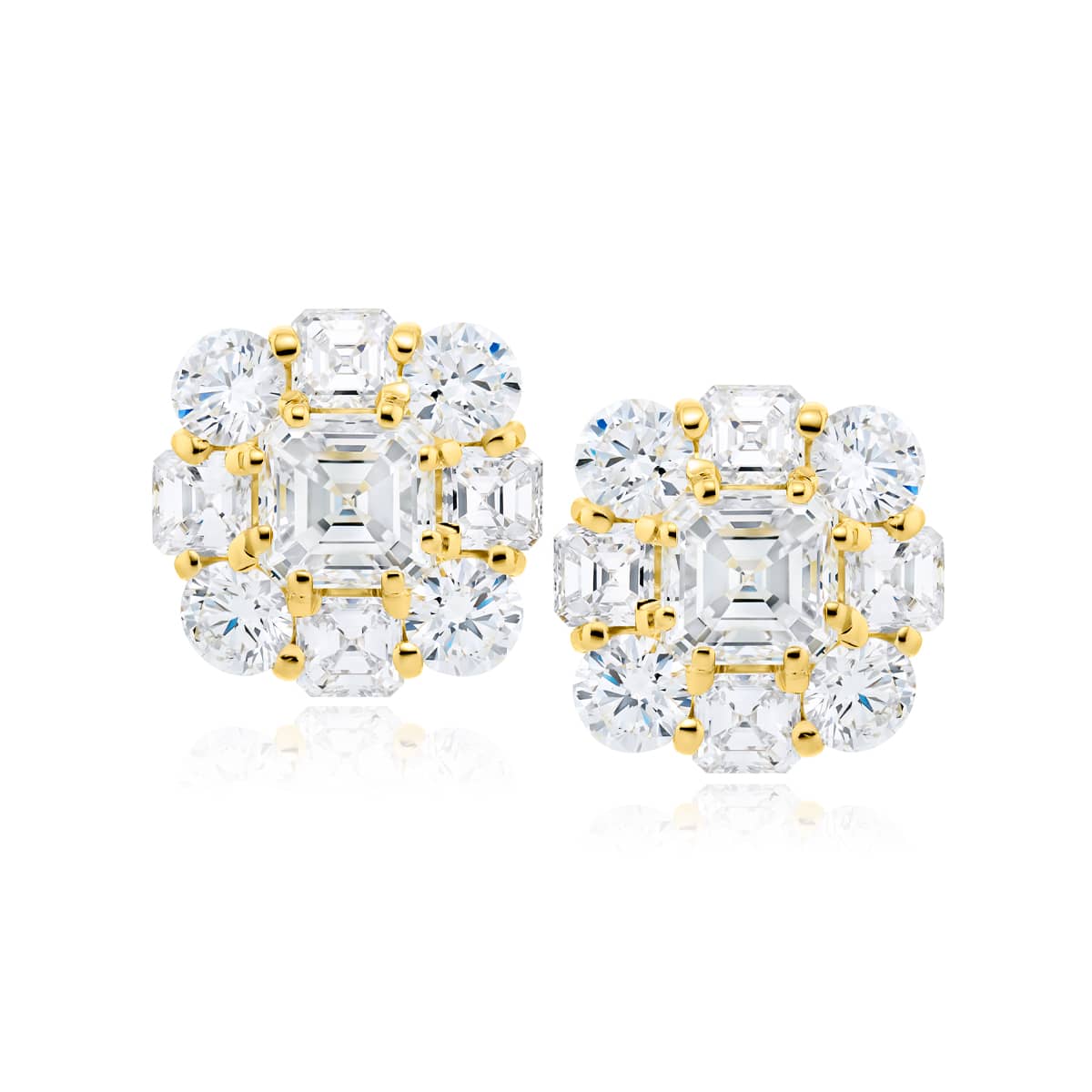 18K Yellow Gold Square Emerald-Cut Diamond Stud Earrings