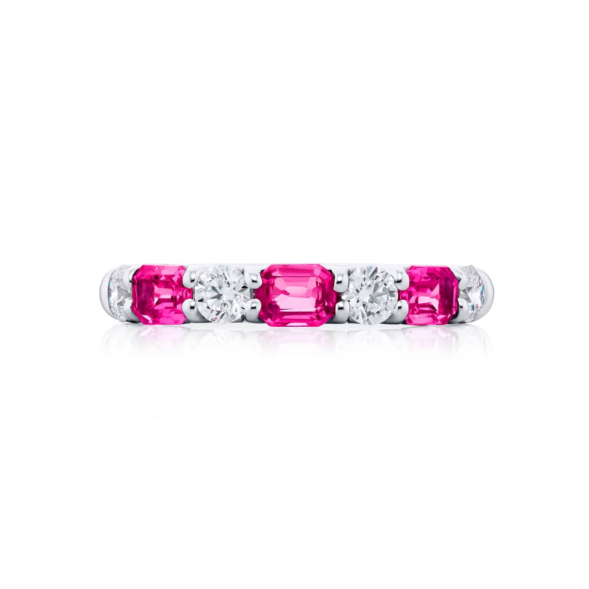 Platinum Emerald-Cut Pink Sapphire and Diamond East-West Band