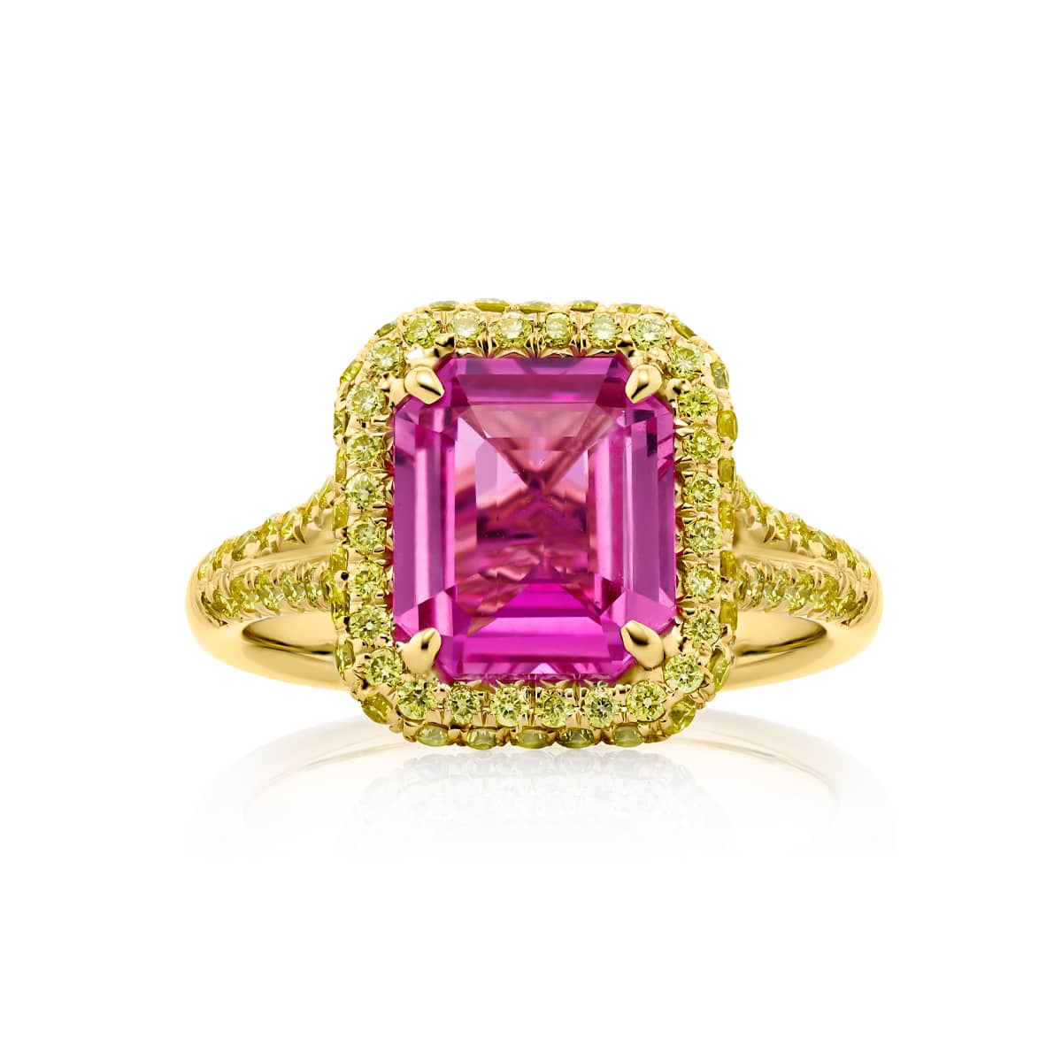 18K Yellow Gold Square Emerald-Cut Pink Sapphire Certified Ring