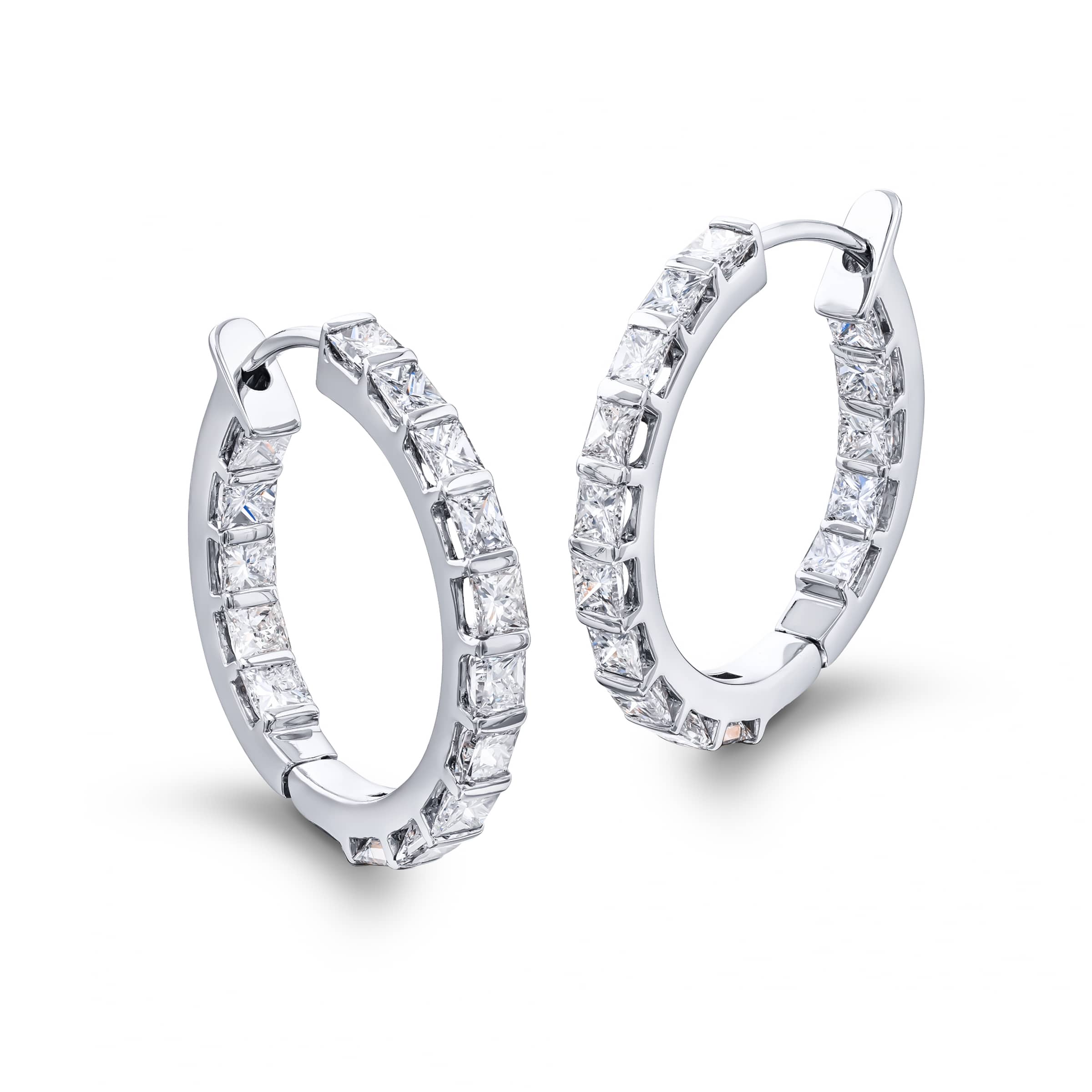 Platinum Princess-Cut Diamond Bar Set Hoop Earrings