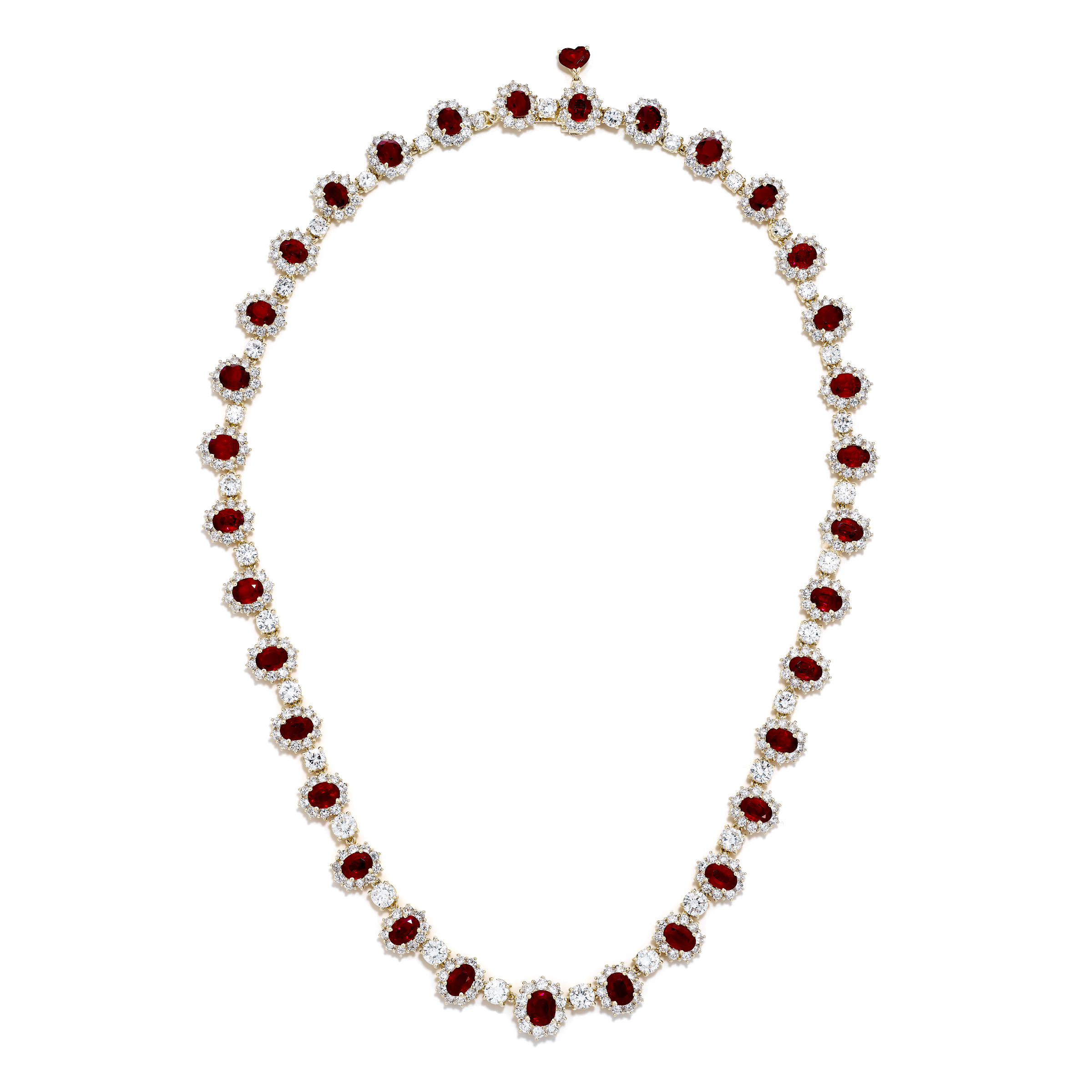 18K Yellow Gold Oval Burmese Rubies and Diamond Certified Necklace