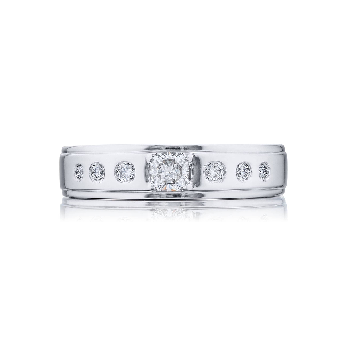 Platinum Cushion-Cut and Round Diamond Single-Row Bezel Set Men's Wedding Band