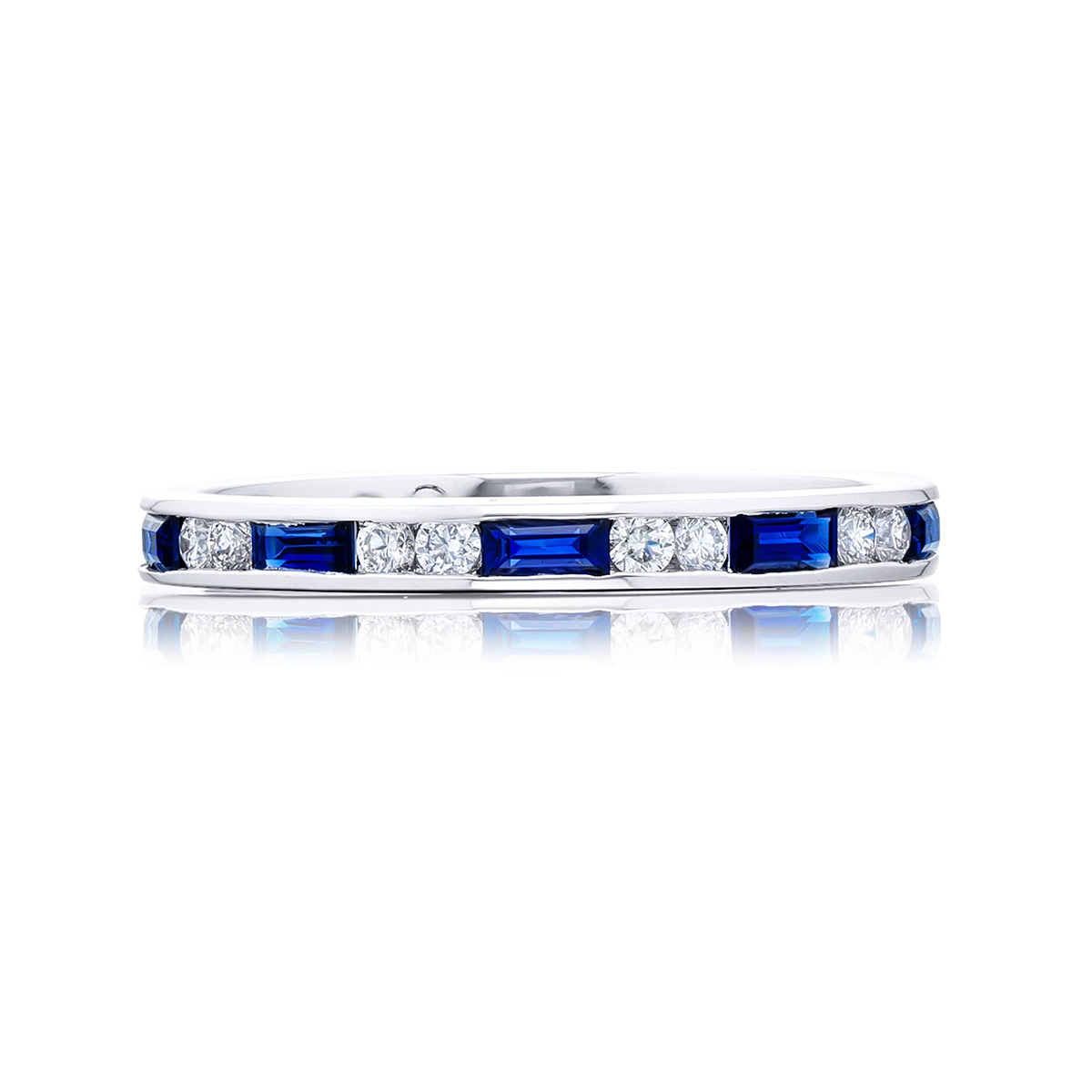 Platinum Straight Baguette Sapphire and Round Diamond Single-Row Channel Set East-West Band