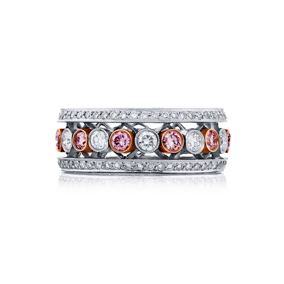 Platinum and 18K Yellow Gold Round Diamond and Fancy Pink Diamond Micro Pav? Eternity Band