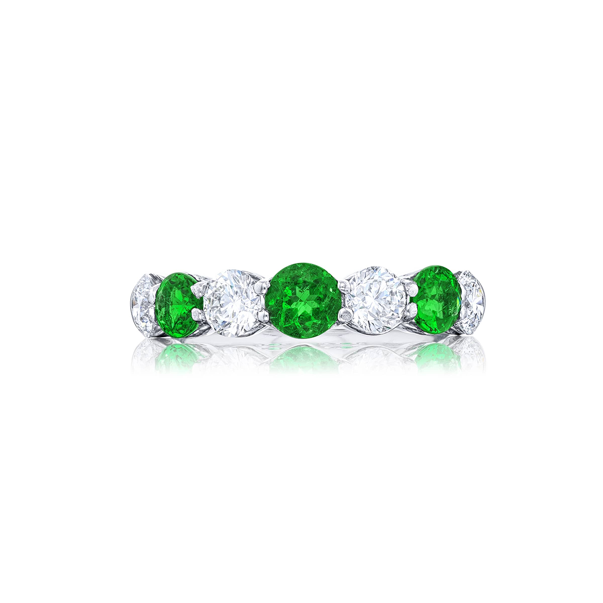 Platinum Round Emerald and Diamond Single-Row Band
