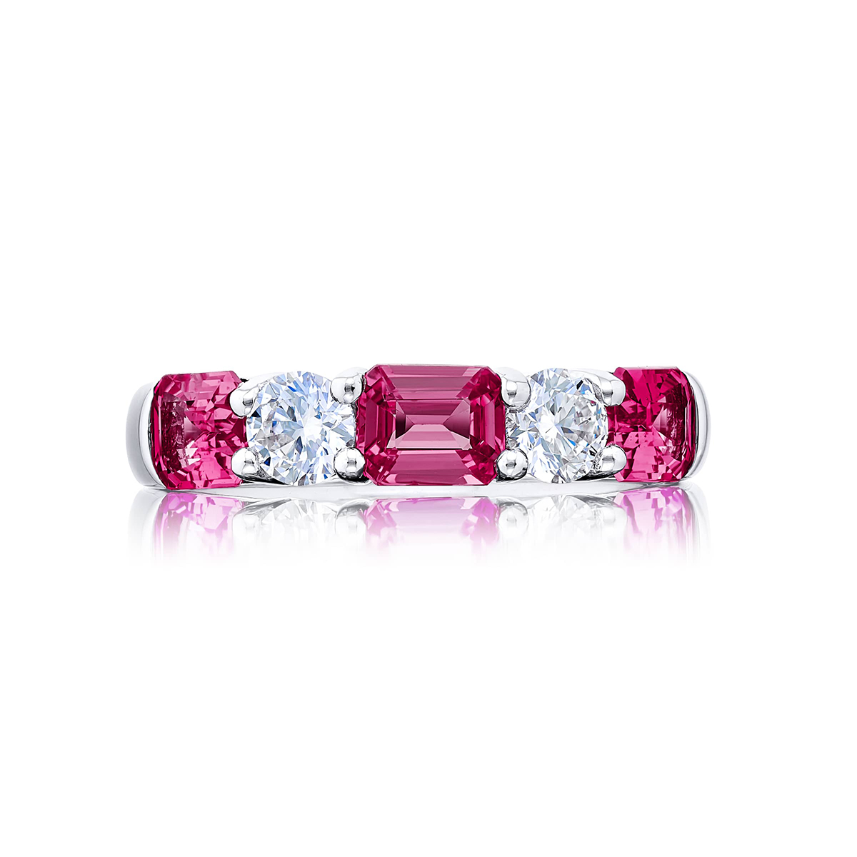 Platinum Emerald-Cut Pink Sapphire and Round Diamond Single-Row East-West Band