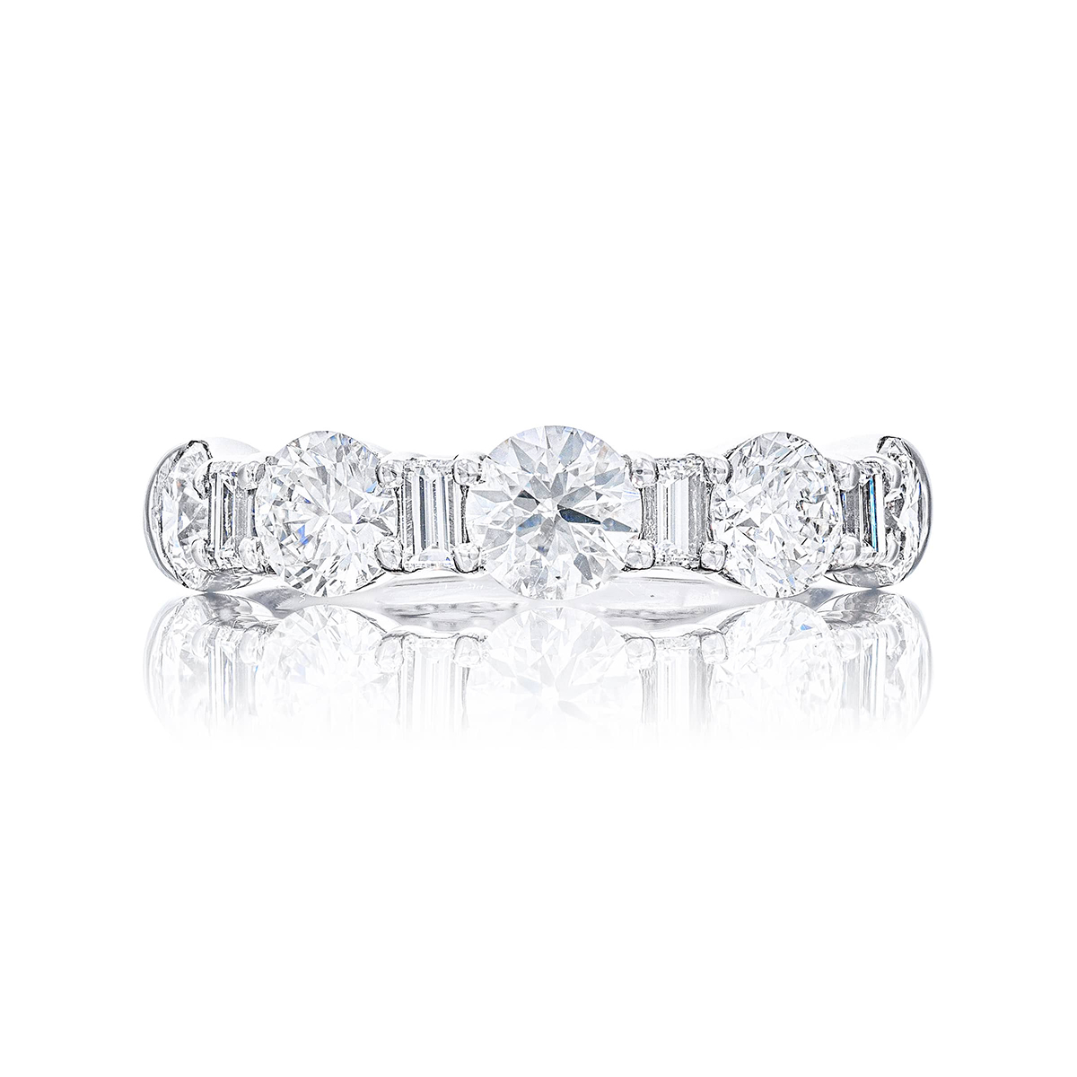Platinum Straight Baguette and Round Diamond Single-Row Band