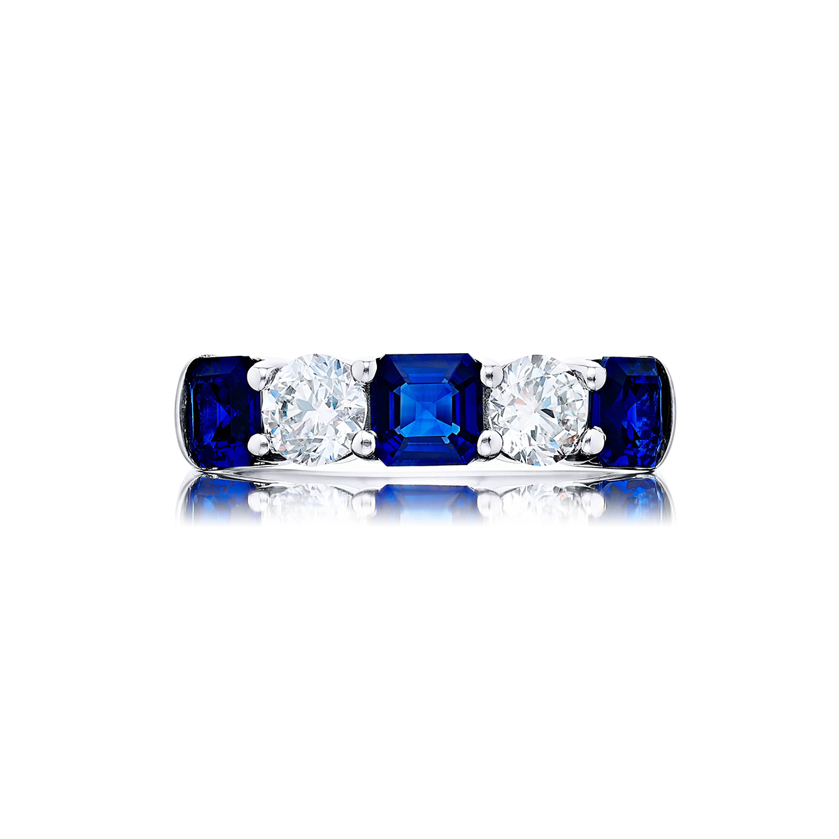 Platinum Square Emerald-Cut Sapphire and Round Diamond Single-Row Band