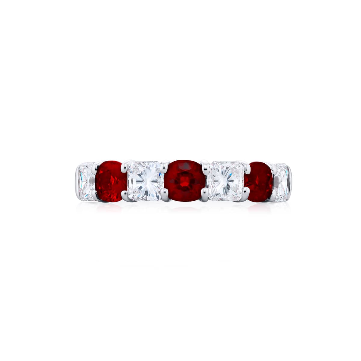 Platinum Cushion-Cut Ruby and Radiant-Cut Diamond Single-Row Band