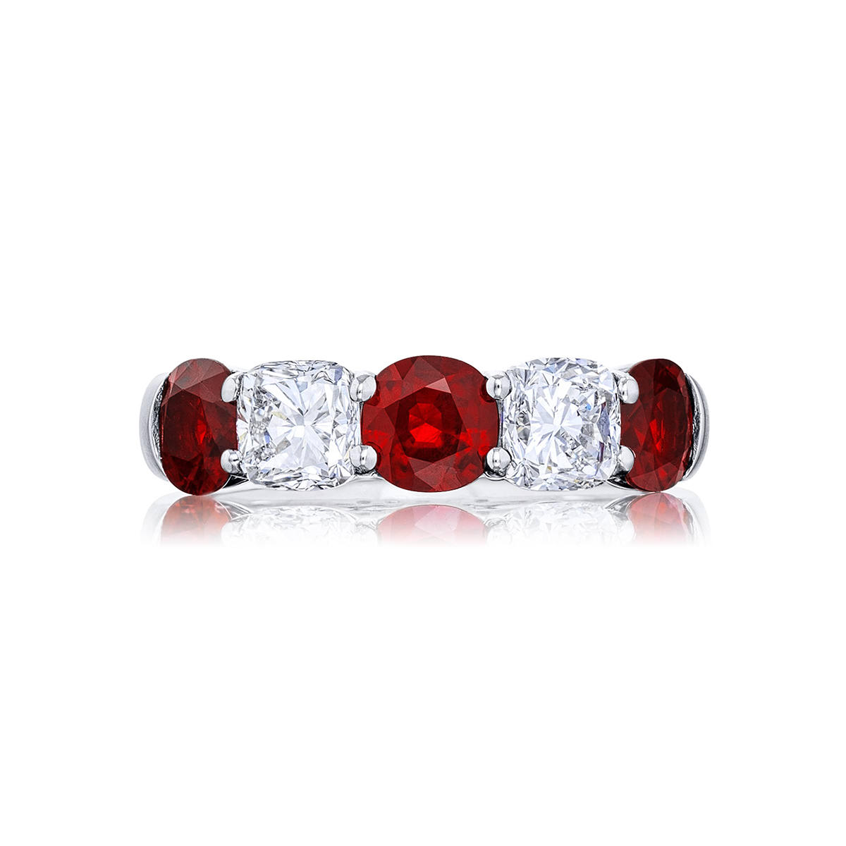 Platinum Cushion-Cut Ruby and Diamond Single-Row Band