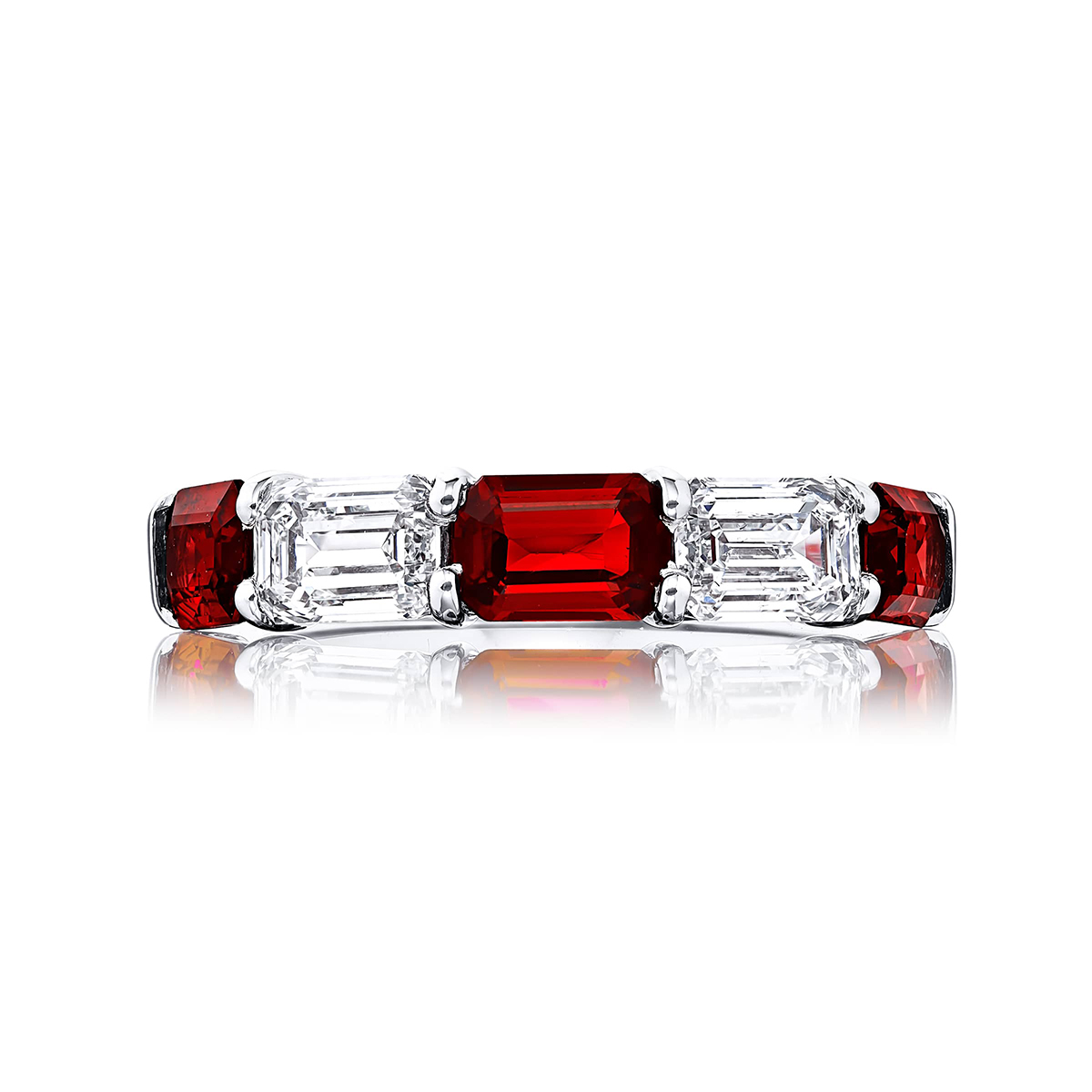 Platinum Emerald-Cut Ruby and Diamond Single-Row East-West Band