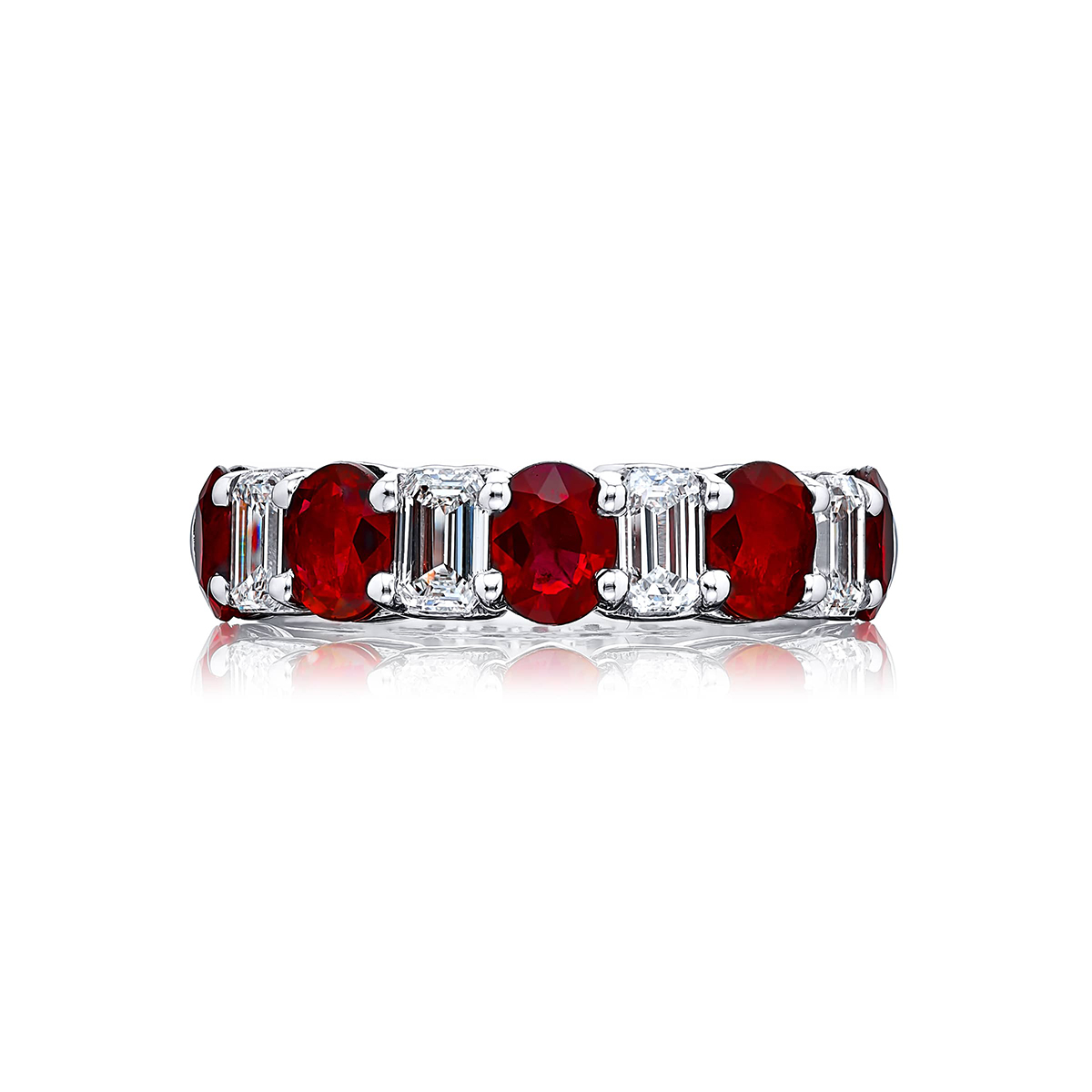 Platinum Oval Ruby and Emerald-Cut Diamond Single-Row Band