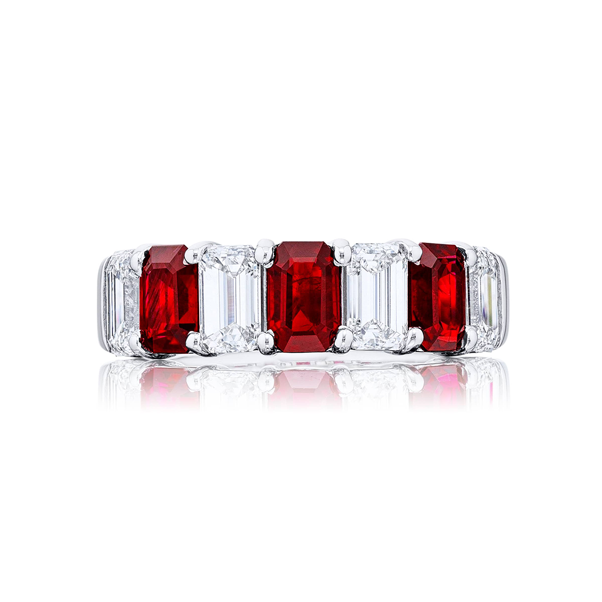 Platinum Emerald-Cut Ruby and Diamond Single-Row Band