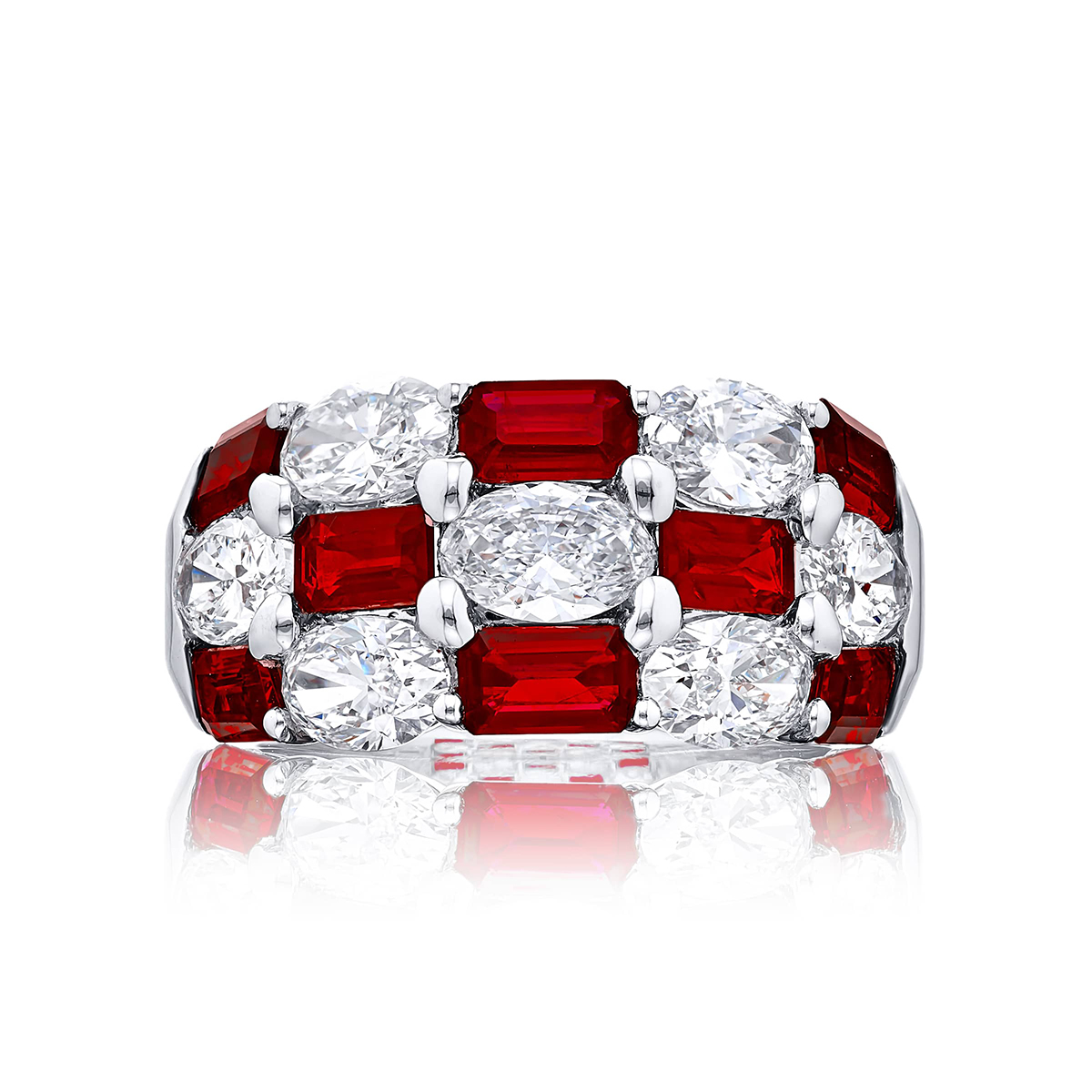 Platinum Emerald-Cut Rubellite and Oval Diamond Single-Row East-West Band