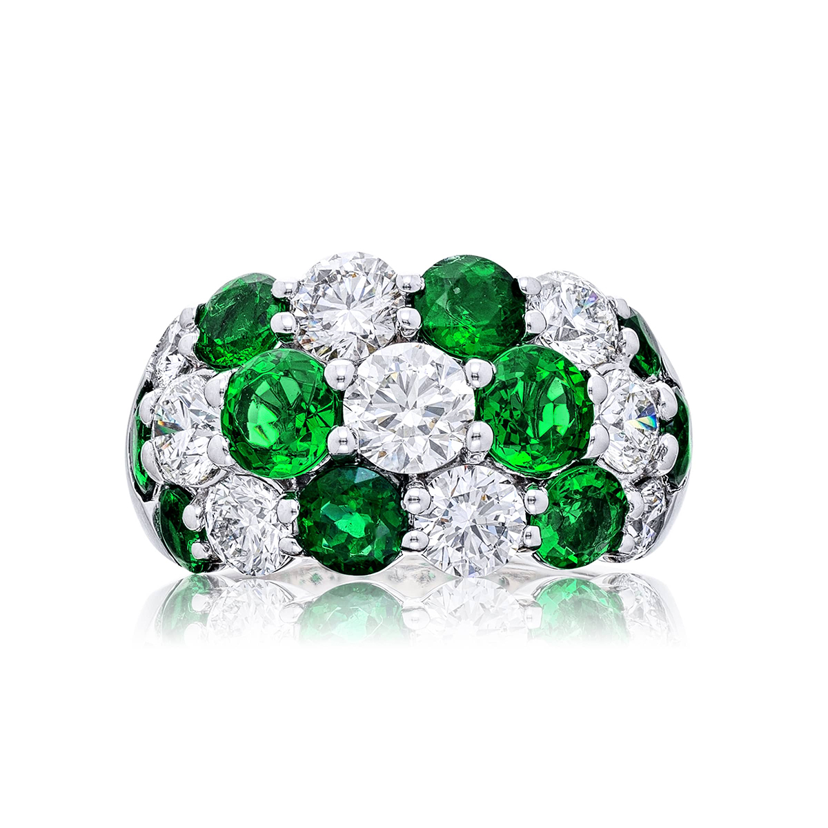 Platinum Round Emerald and Diamond Three-Row Band