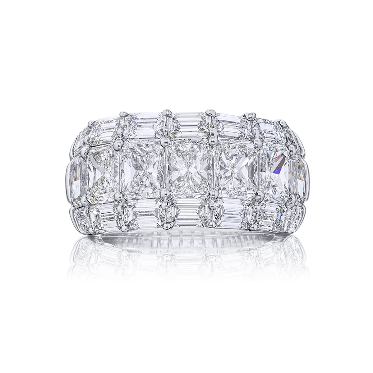 Platinum Emerald-Cut and Radiant-Cut Diamond Three-Row Band