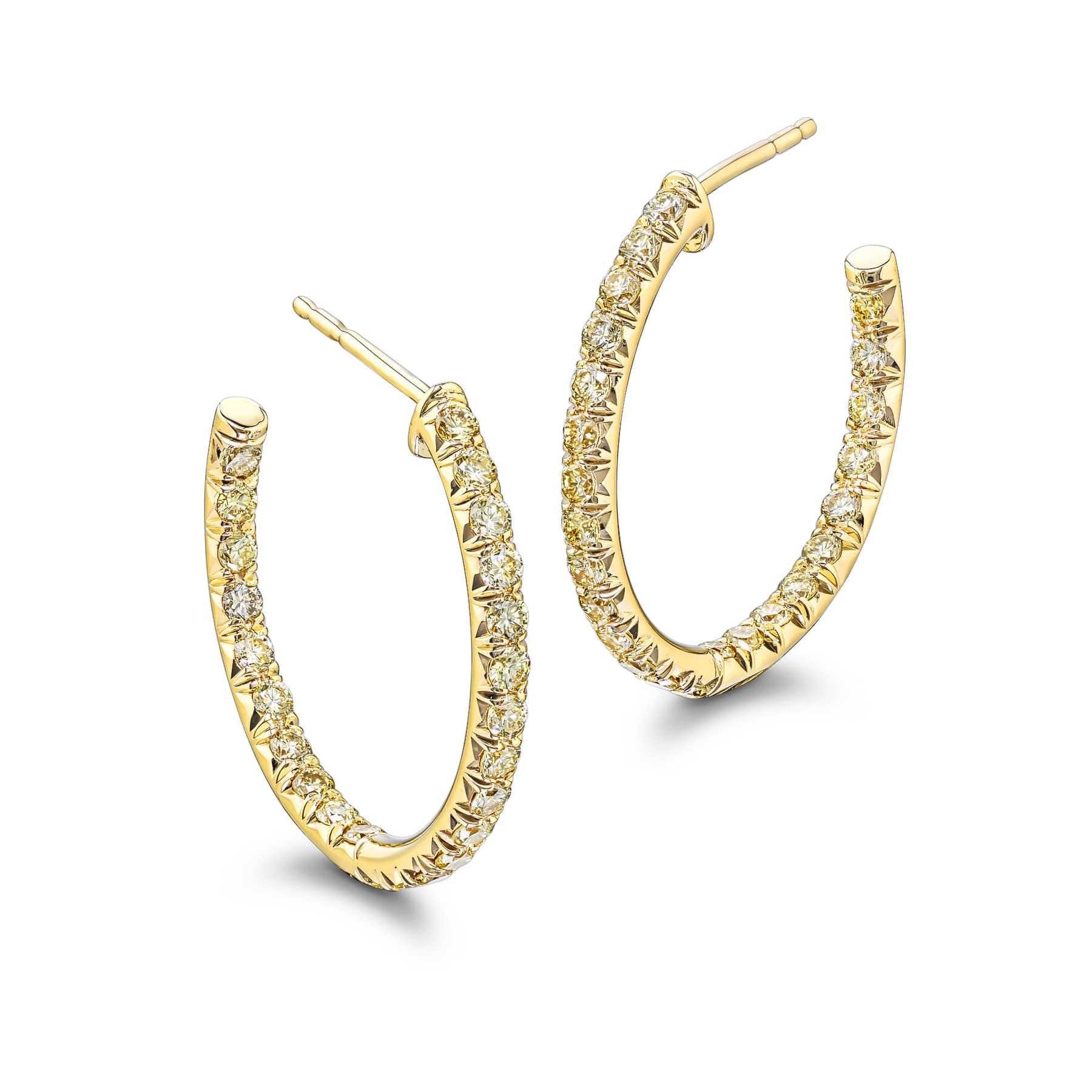 18K Yellow Gold Round Fancy Yellow Diamond Cut Down Hoop Earrings
