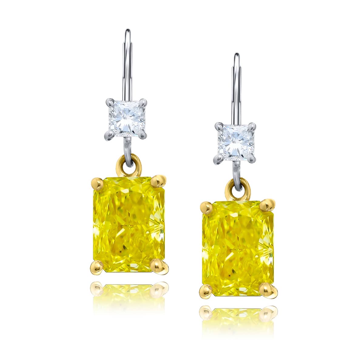 Platinum and 18K Yellow Gold Radiant-Cut Fancy Yellow Diamond Certified Drop Earrings