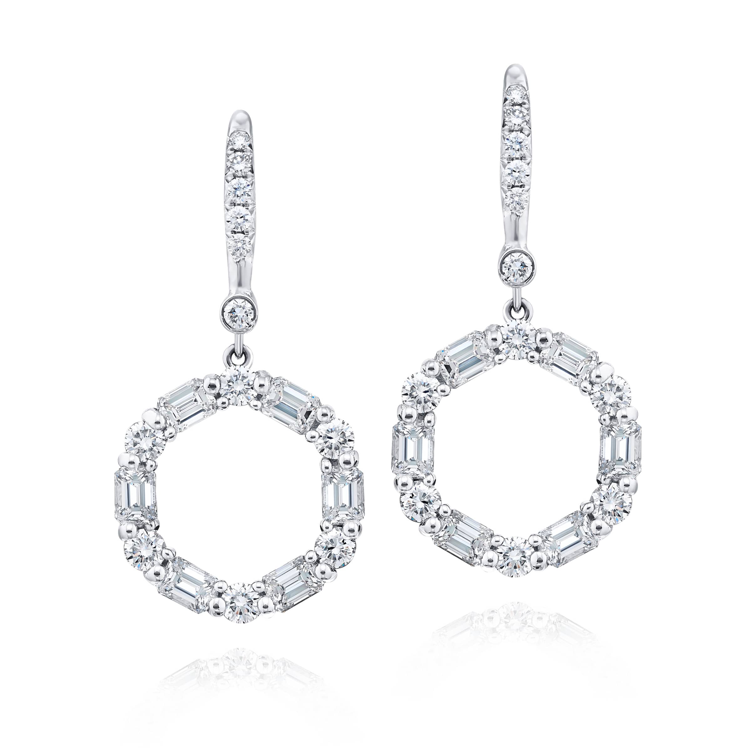 Platinum Emerald-Cut and Round Diamond Circle Drop Pendant