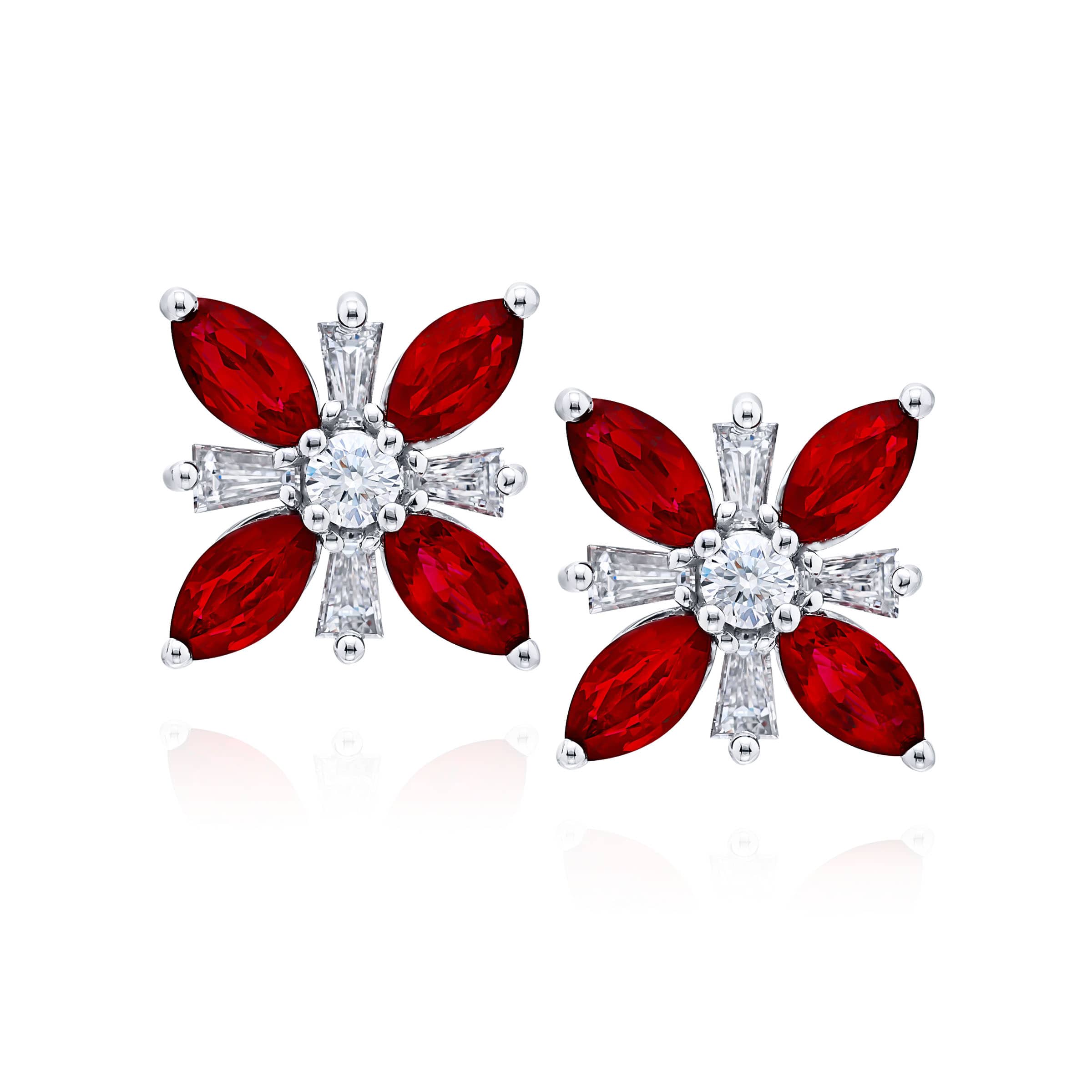 Platinum Marquise Ruby Floral Stud Earrings