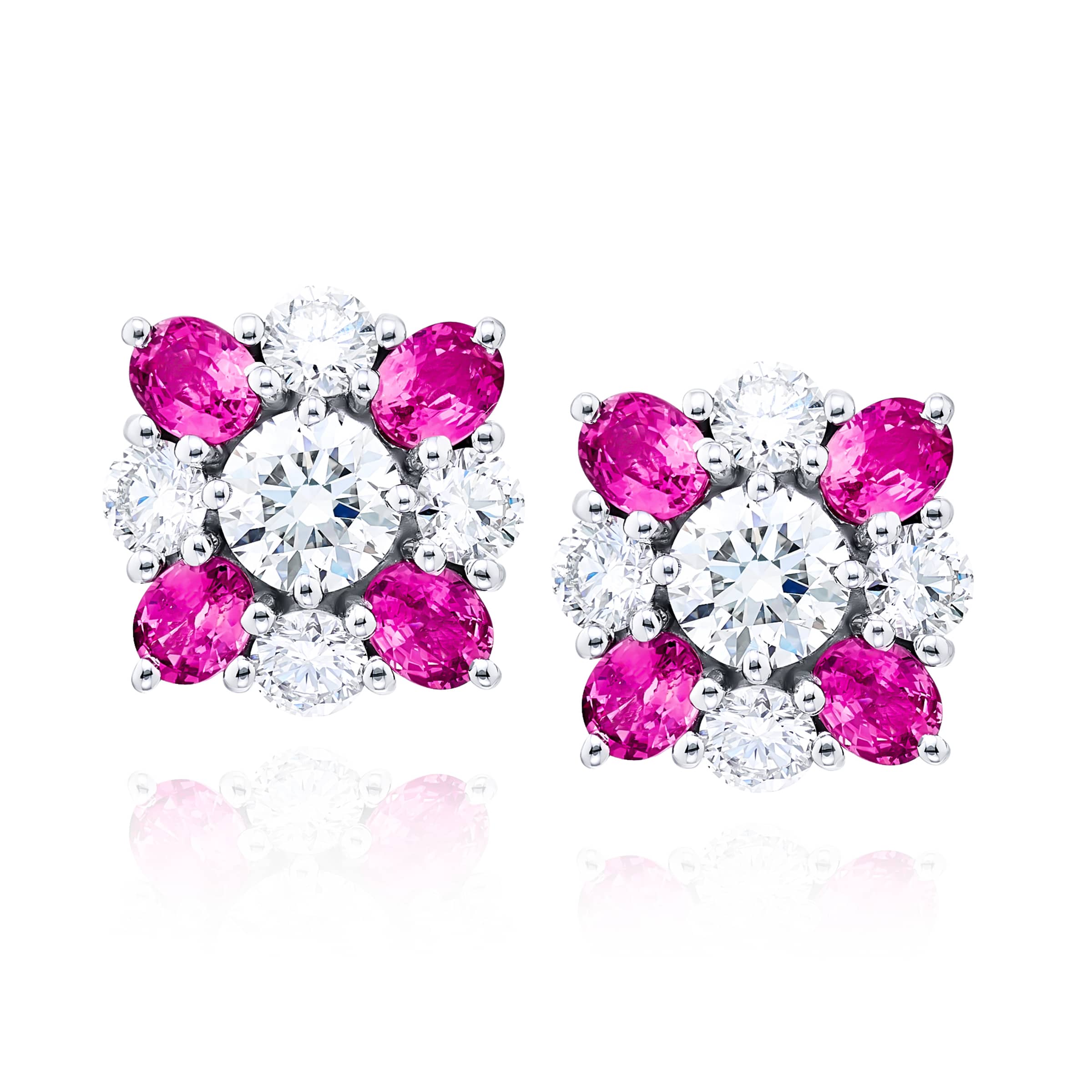 Platinum Round Diamond and Oval Pink Sapphire Stud Earrings